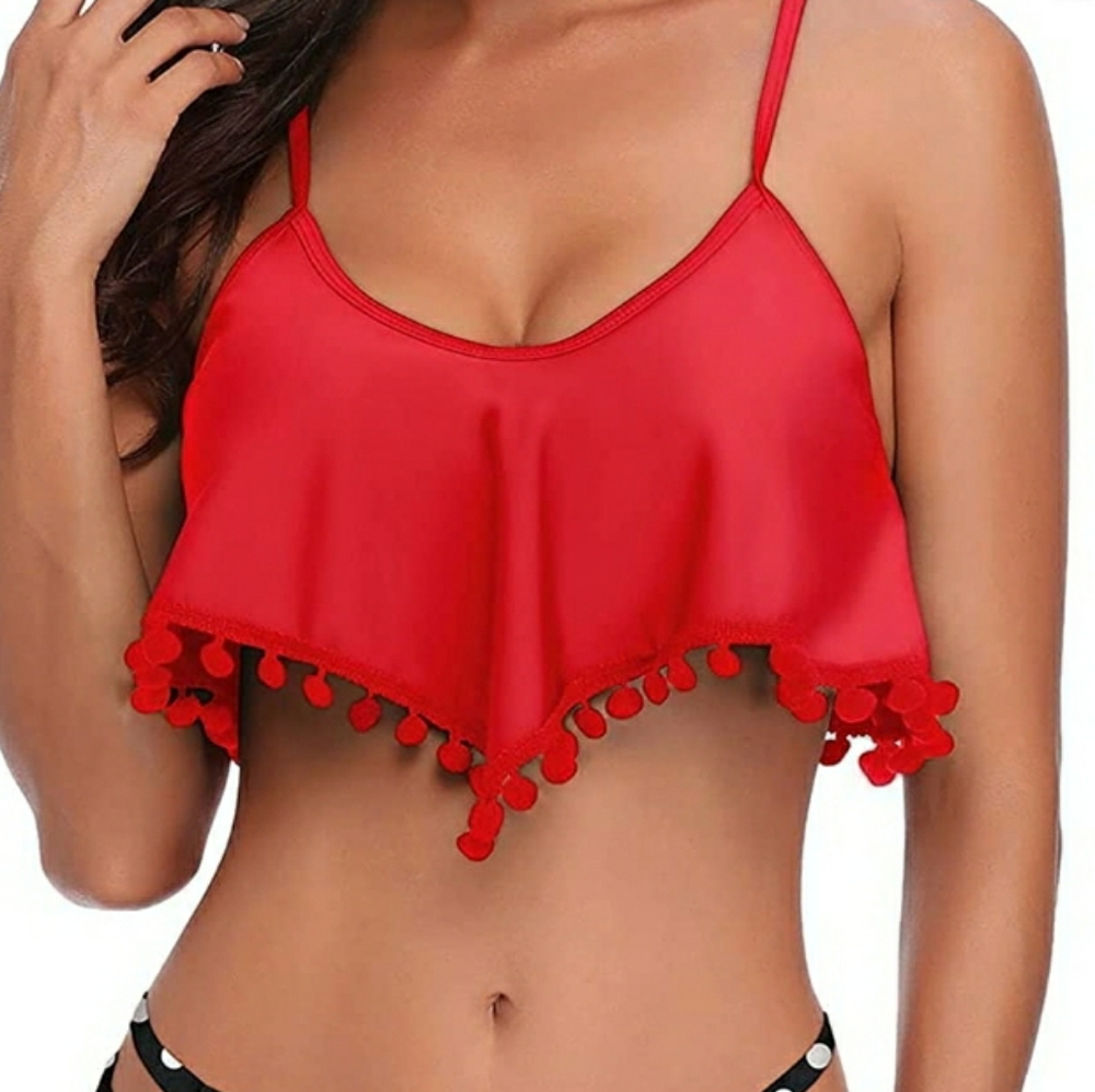 Yonique boho fun pompom red bikini top